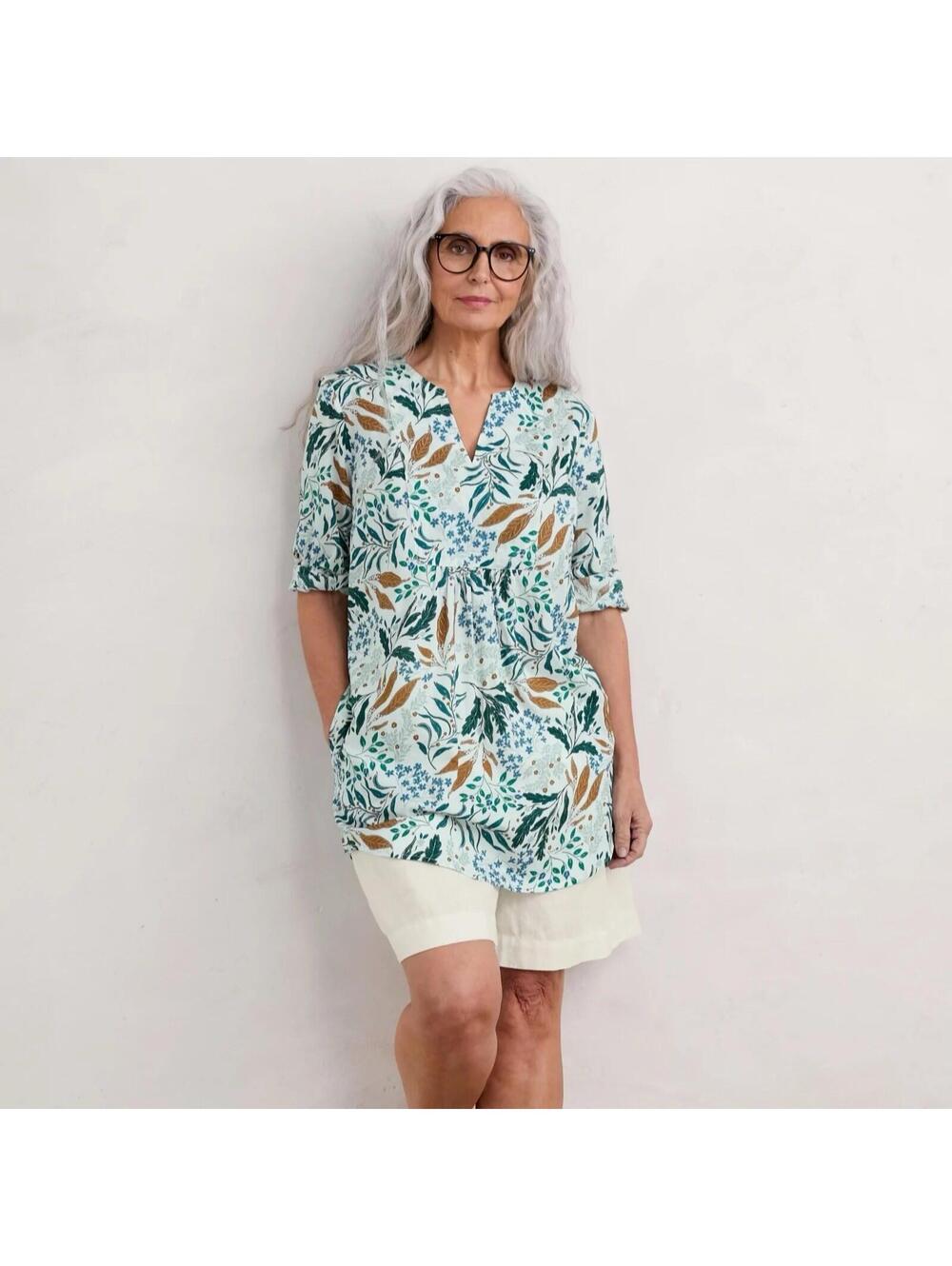 Seasalt Cornwall Op Art Tunic Top Riverbed Floral Chalk Casual Blouse Size 18